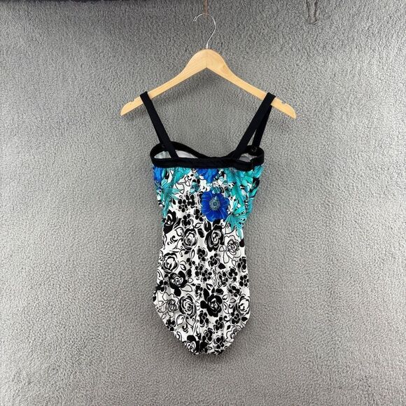 Maxine of Hollywood Floral One-Piece Swimsuit Size 8 Blue Black White Retro - Picture 3 of 12